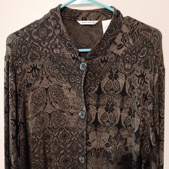 Vtg Laura Ashley Sz L Button-Front Midi Dress Olive Black Mixed Floral... - Picture 2 of 13